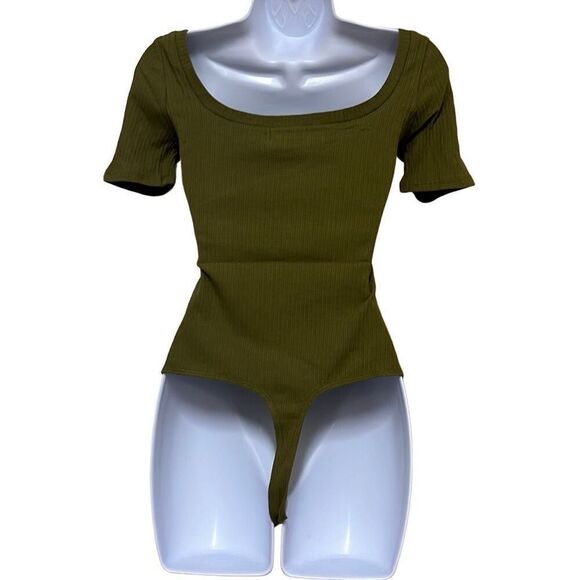 Revolve n:Philanthropy Ribbed Bodysuit Olive Green Square Neck Thong NWT Small - Picture 2 of 11